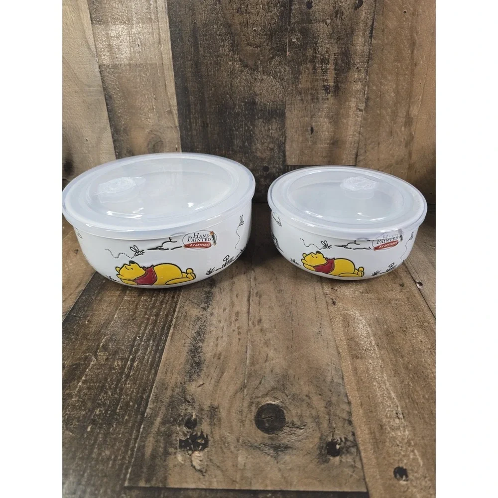 Disney Winnie the Pooh Ceramic Storage Bowl Set 2pc Vented Lids Hand Painted Art